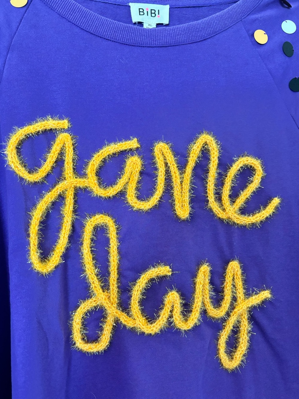 BiBi Purple 'Game Day' Sweatshirt with Yellow Script and Multi Polka Pom Sleeves - Picture 3 of 7